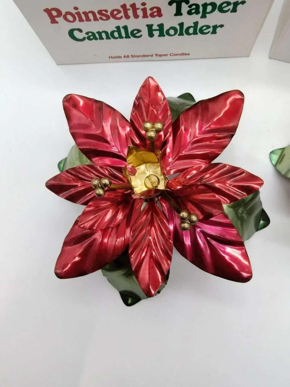2 Vintage Christmas Taper Candle Holders Shiny metal Poinsettia Flower, Orig Box
